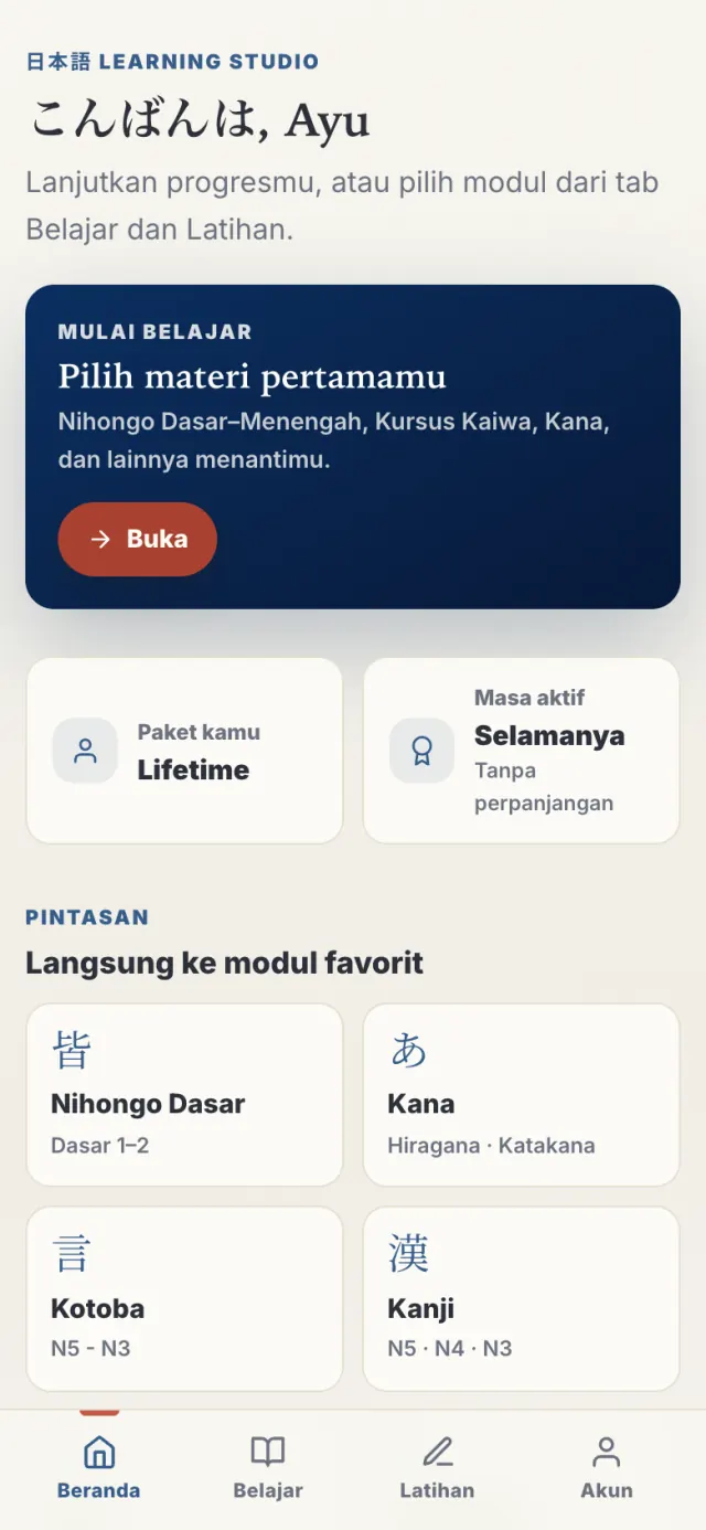 Layar beranda aplikasi berisi sapaan pengguna, kartu pilih materi pertama, dan paket Lifetime