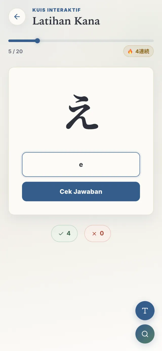 Latihan kana: aksara ち dengan kolom isian bacaan dan tombol Cek Jawaban