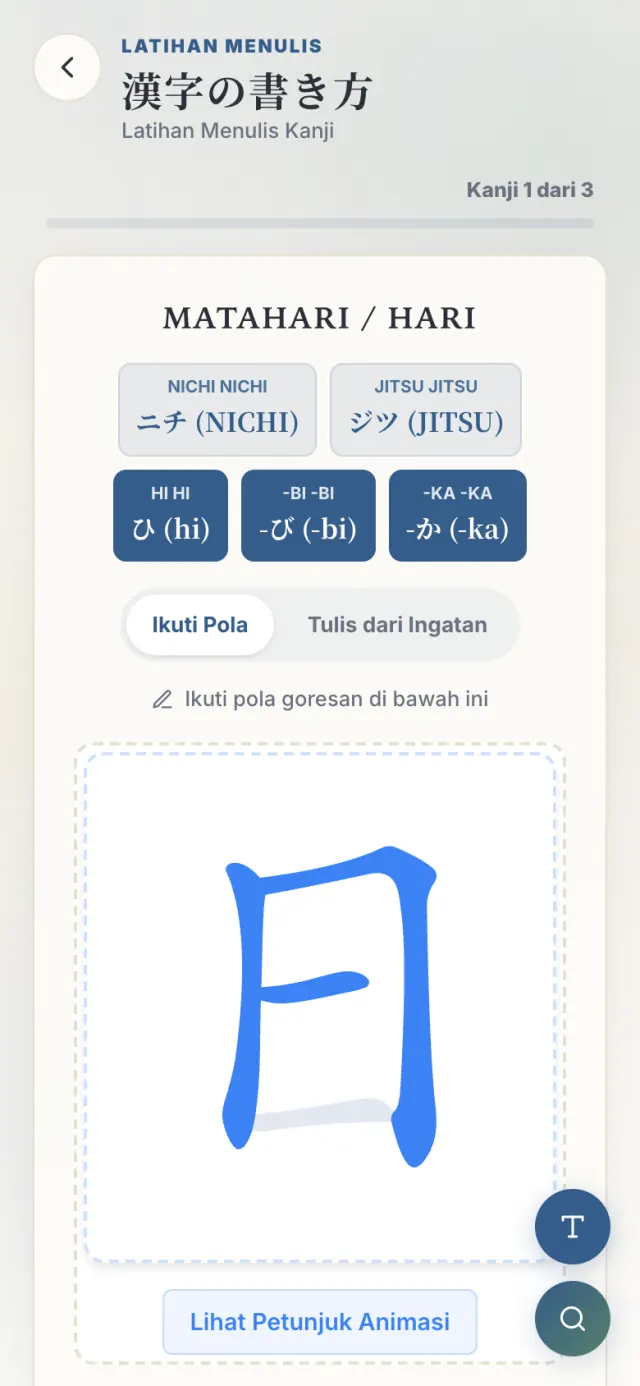 Kanvas menulis kanji 日 dengan tiga goresan sudah tergambar, mode Ikuti Pola sedang aktif