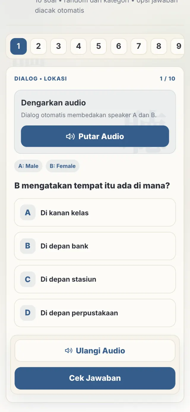 Latihan menyimak dengan pemutar audio dan pilihan jawaban