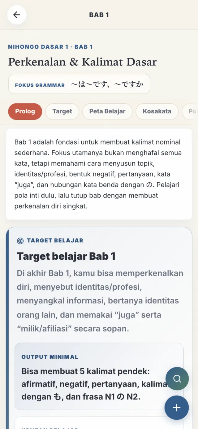 Halaman bab Nihongo Dasar 1 Bab 1 dengan fokus grammar dan tab Prolog, Target, serta Peta Belajar